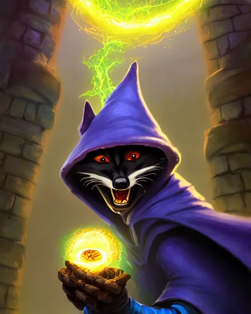 Prompt: closeup, highly detailed digital illustration portrait of hooded sorcerer druid necromancer sly cooper rocket the raccoon casting a magical energy sparkling swirling blue glowing spell in an ancient castle, action pose, d & d, magic the gathering, by rhads, frank frazetta, lois van baarle, jean - baptiste monge, disney, pixar,