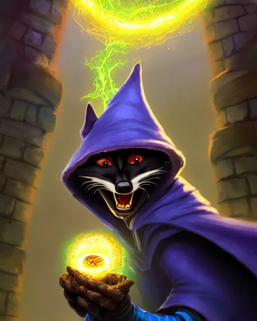 Image similar to closeup, highly detailed digital illustration portrait of hooded sorcerer druid necromancer sly cooper rocket the raccoon casting a magical energy sparkling swirling blue glowing spell in an ancient castle, action pose, d & d, magic the gathering, by rhads, frank frazetta, lois van baarle, jean - baptiste monge, disney, pixar,