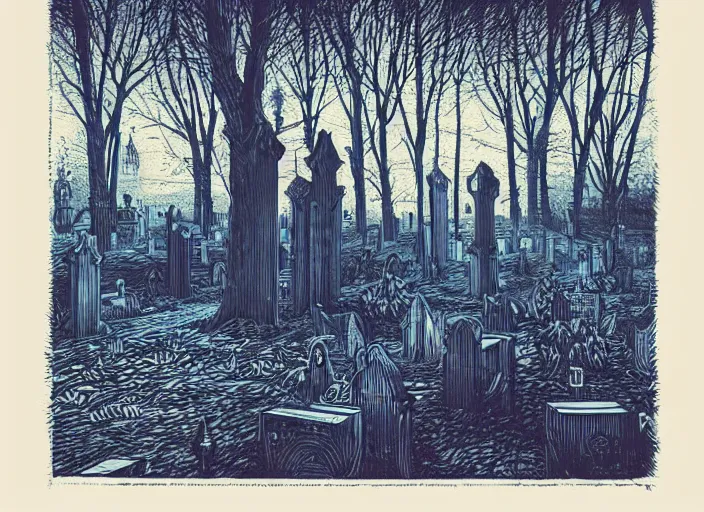 Image similar to blue woodcut print, halloween whitch in graveyard at midnight by greg rutkowski, fine details, highly detailed