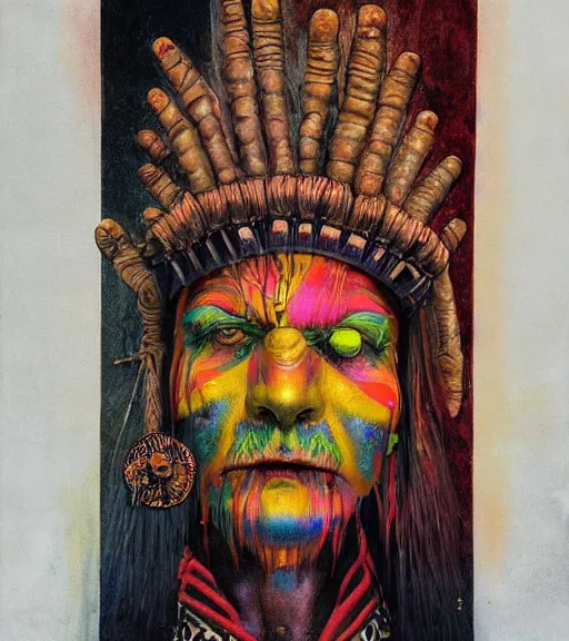 Image similar to Portrait painting in a style of Beksinski mixed with Alex Grey of an old shaman dressed in a colorful traditional clothes.