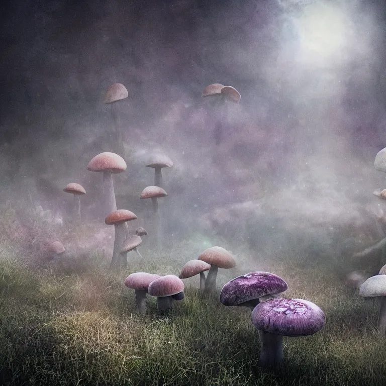 Image similar to a planet of various fungus, mushrooms and plants, inside the picture is infinity, Atmospheric phenomenon, artistic photography, muted colors, conceptual, long exposure outside the city, volumetric light