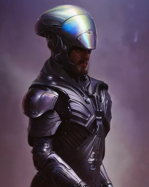 Image similar to character concept of iridescent sinewy smooth muscular male sleek glossy indigo black pearlescent scifi armor with smooth black featureless helmet, made of liquid metal, by greg rutkowski, mark brookes, jim burns, tom bagshaw, magali villeneuve, trending on artstation