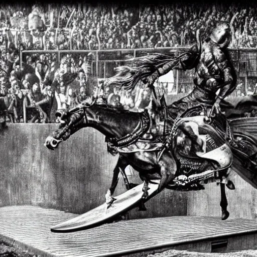 Prompt: roman chariot drawn by horse jumping a half pipe, intense, fish lense, cheering crowd, style of Tony Hawk pro skater