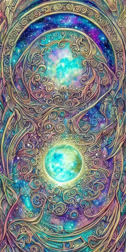 Prompt: intricate colourfully painted carved Soapstone relief paneling, iridescent, pearl and pale blue toned, celestial, cosmos, galaxies, planets, divinity, moon goddess, mother earth, Earth Goddess mythology, Gaia, angels, dream atmosphere, bright colors, vivid colors, Ghostly, crystaline celtic, insanly detailed , artstation, wallpaper, hyper realistic, realistic lighting