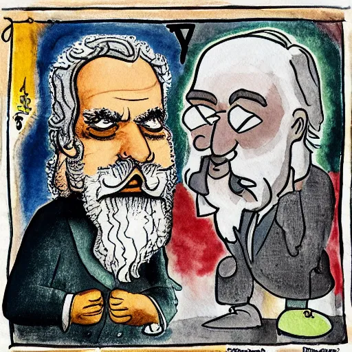 Image similar to the epic battle between Jordan Peterson and Karl Marx, stylised watercolour painting by William Blake and Matt Groening