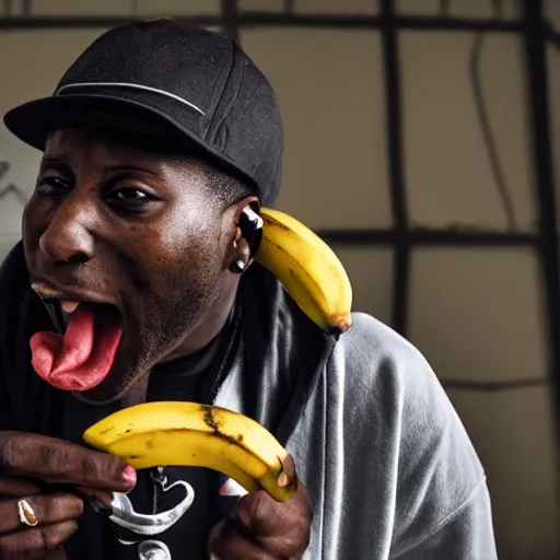 Image similar to angry gucci mane eating bananas in the hood, 8k resolution, full HD, cinematic lighting, award winning, anatomically correct