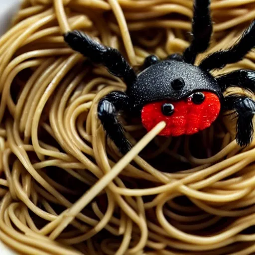 Image similar to An angry spider in a bowl of spaghetti