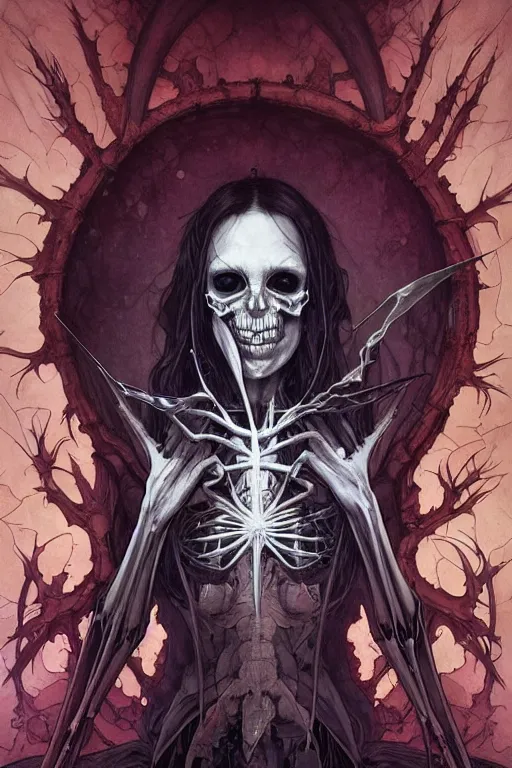 Image similar to artgerm, joshua middleton, mucha, beksinski, flourescent, heavy metal comic cover art, psychedelic triangular skeletal calcification fungus lich, full body, hollow eyes, symmetrical face, long black crown, in a dungeon background, moody dark colors