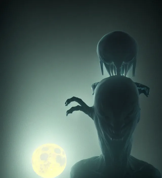 Image similar to a nightmare humanoid ghost monster alien standing in front of a window, moon light through the window, volumetric lighting, hyperealistic, 4 k, inspired by stephen king, inspired by lovecraft, inspired by jeffrey smith