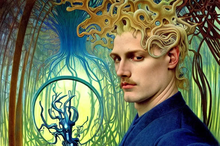 Image similar to realistic detailed portrait painting of a beautiful ghost man with blond hair with an alien, futuristic sci-fi forest on background by Jean Delville, Amano, Yves Tanguy, Alphonse Mucha, Ernst Haeckel, Edward Robert Hughes, Roger Dean, rich moody colours, blue eyes