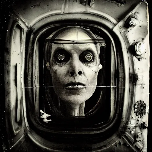 Image similar to alien inside a spaceship interior, hyper realistic, hight detail, sharp focus, wide angle, moody lighting, tintype, black and white photo by Joel Peter Witkin