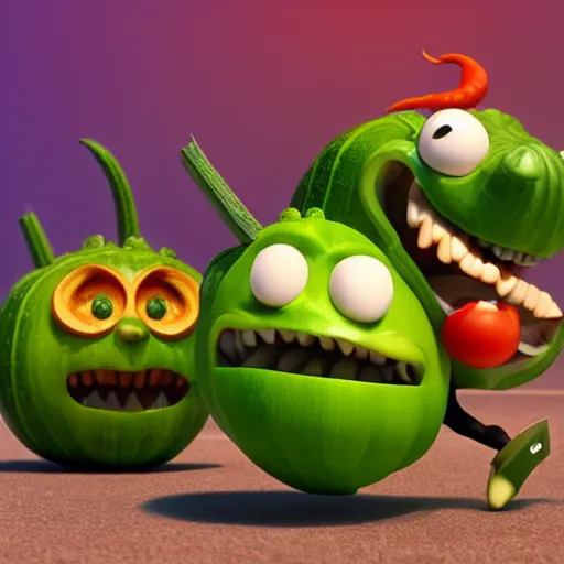 Prompt: detailed 3 d render of an angry furious zucchini with a bloody sword in his hand, running down the road chasing after a group of scared tomatoes, hyper realistic octane render, dramatic lighting, high speed chase, nightmare, surrealism, pixar, disney, cartoon