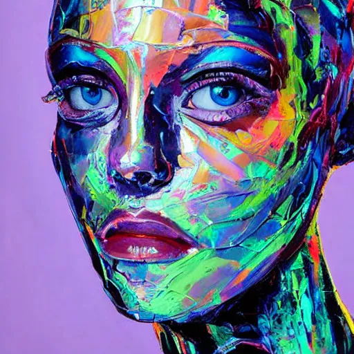 Prompt: a !!!!holographic human !!robotic!! head made of glossy iridescent, Face, Palette Knife Painting, Acrylic Paint, Dried Acrylic Paint, Dynamic Palette Knife Oil Paintings, Vibrant Palette Knife Portraits Radiate Raw Emotions, Full Of Expressions, Palette Knife Paintings by Francoise Nielly, Beautiful, Beautiful Face, Studio, Beautiful STUDIO face, surrealistic 3d illustration of a human face non-binary, non binary model, 3d model human, cryengine, made of holographic texture, holographic material, holographic rainbow, concept of cyborg and artificial intelligence, Black Background, Black Color Background,