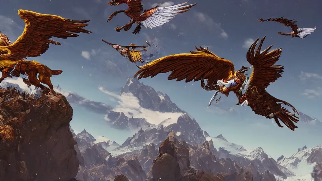 Prompt: a flying ornate slay pulled by griffins, piloted by a wizard, Above the mountains, hyperrealistic, octane