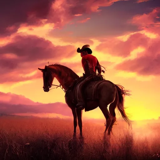 Prompt: a wounded cowboy watching a sunset, concept art, DeviantArt, art station, illustration, highly detailed, artwork, cinematic, hyper realistic