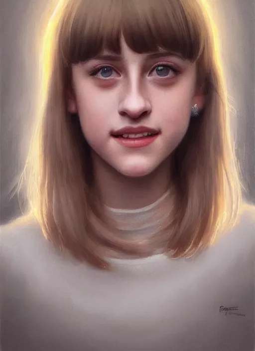 Image similar to portrait of teenage lili reinhart with bangs, smiling kindly, bangs, 1 9 6 0 s, ponytail, bangs and ponytail, intricate, elegant, glowing lights, highly detailed, digital painting, artstation, concept art, smooth, sharp focus, illustration, art by wlop, mars ravelo and greg rutkowski