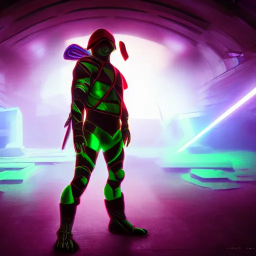 Image similar to raphael ninja turtle portrait, synthwave, neon, cinematic, volumetric lighting, f 8 aperture, cinematic eastman 5 3 8 4 film, photorealistic