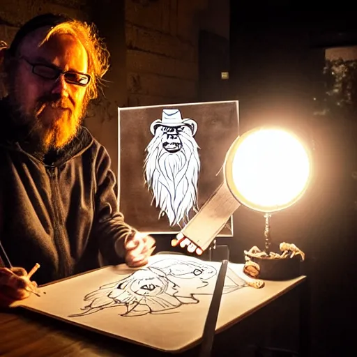 Image similar to photo portrait of drunk hobo artist drawing furries for booze, symmetry, awesome exposition, very detailed, highly accurate, intricate, professional lighting diffracted lightrays, 8 k, sense of awe