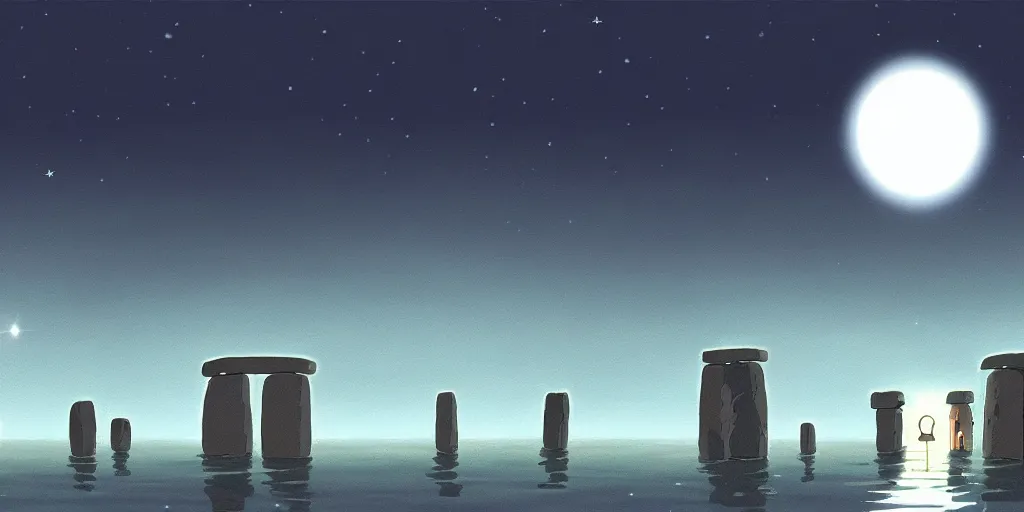 Image similar to a cell - shaded studio ghibli concept art of a huge silver hovering ufo shining a spotlight on a middle eastern merchant in a flooded stonehenge desert road gas station on a misty starry night. very dull colors, hd, 4 k, hq