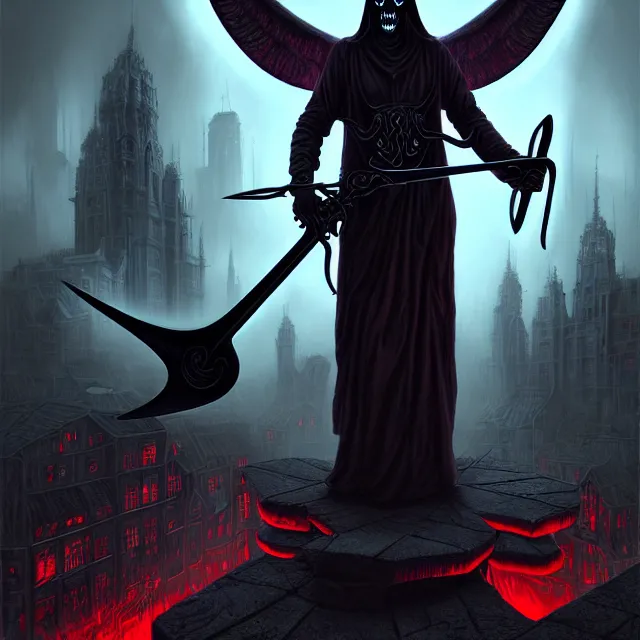 Prompt: Beautiful portrait 3d render of the Baphomet gothic grim reaper with a giant scythe, centered face, portrait, atmospheric lighting, painted, intricate, volumetric lighting, beautiful, rich deep colours masterpiece, sharp focus, ultra detailed, in the style of Dan Mumford and marc simonetti, with a crowded futuristic cyberpunk city in the background, astrophotgraphy