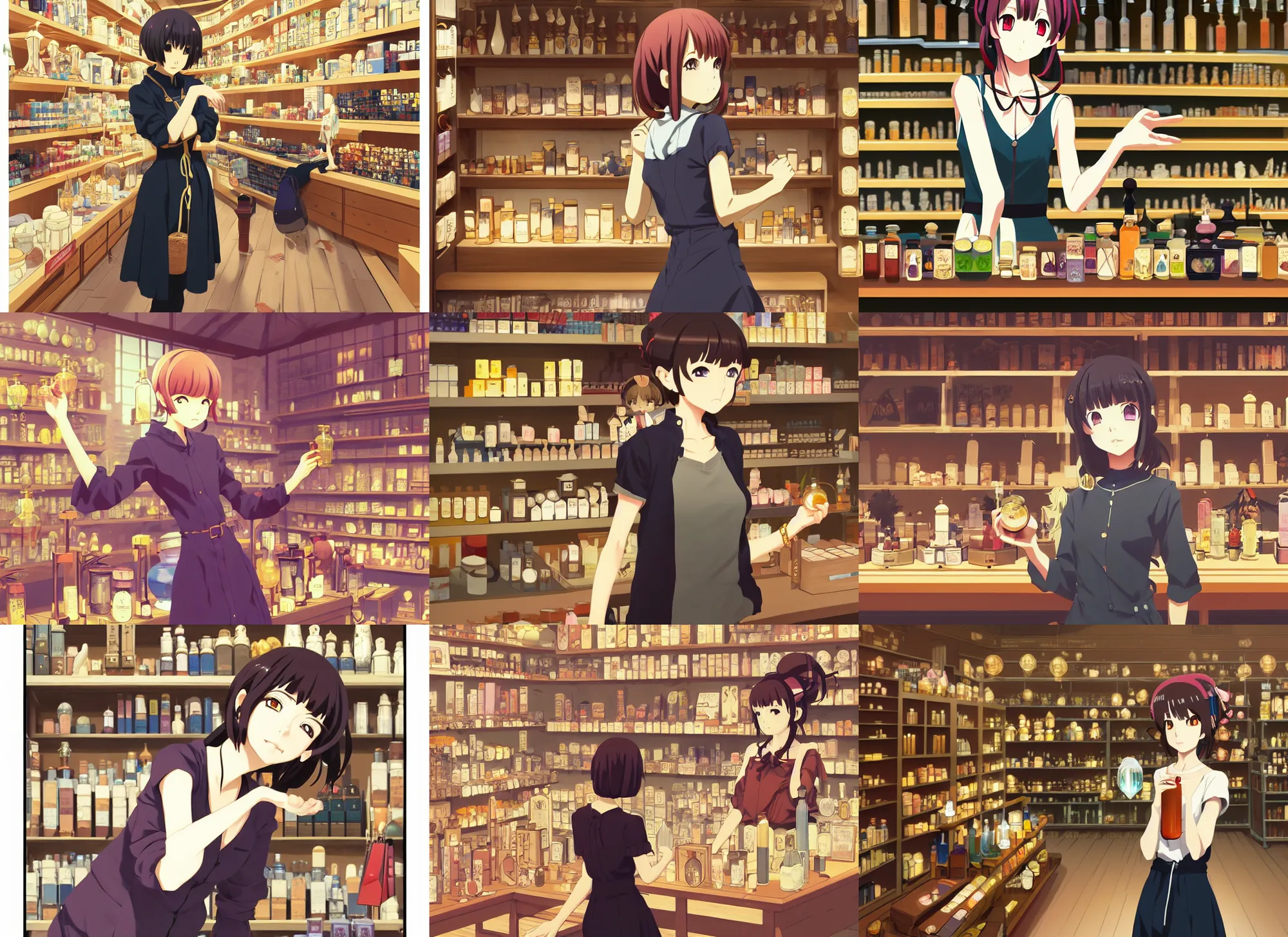 Prompt: anime visual, portrait of a young female traveler shopping in a alchemist's potion shop interior, cute face by ilya kuvshinov, yoh yoshinari, makoto shinkai, dynamic pose, dynamic perspective, cel shaded, flat cel shading mucha, rounded eyes, crisp smooth clean lines, dramatic