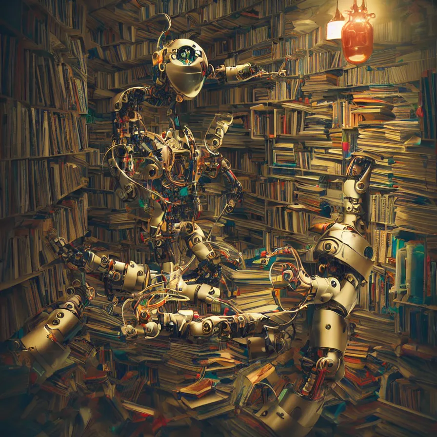 Image similar to A frightening multi armed evil robot devouring books with pipes and tubes and pages floating down, hyperealistic very colourful hdr cinematic lighting cgi render photorealistic cinematic octane render