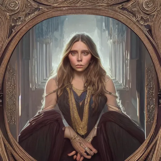 Prompt: full figure ultra realistic illustration, elizabeth olsen as agatha harkness, intricate, elegant, highly detailed, digital painting, artstation, concept art, smooth, sharp focus, illustration, art by artgerm and greg rutkowski and alphonse mucha