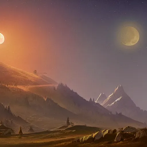 Prompt: Mountain covered with mist and radio tower on top of it, yellow moon directly behind. highly detailed art of Greg Rutkowski, night setting, 4k artsrstion trending