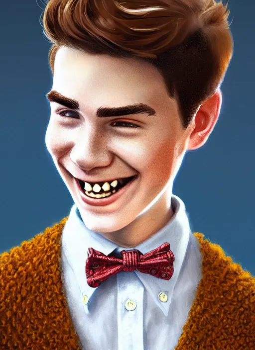 Image similar to portrait of teenage archie andrews, freckles, curly middle part haircut, curly hair, middle part hairstyle, smiling kindly, wearing a bowtie and sweater vest, intricate, elegant, glowing lights, highly detailed, digital painting, artstation, concept art, smooth, sharp focus, illustration, art by wlop, mars ravelo and greg rutkowski