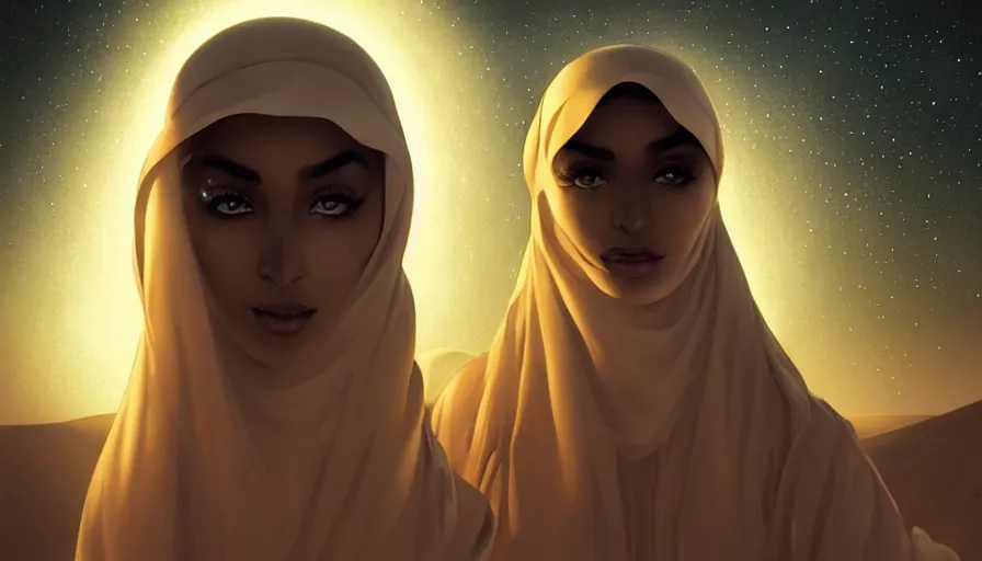 Image similar to Portrait of very very very very very very beautiful Arab woman wearing a Niqab, under giant full moon in the desert, intricate, glowing magical eyes, energy trails, elegant, highly detailed, digital painting, artstation, concept art, smooth, sharp focus, illustration, art by artgerm and greg rutkowski and alphonse mucha