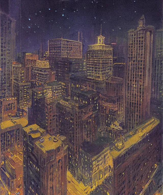 Prompt: horrifying full color photorealistic painting of the view of a warped downtown 1 9 2 5 boston at night with a cosmic sky viewed from a hotel balcony, dark, atmospheric, brooding, smooth, finely detailed, cinematic, epic, in the style of paul carrick