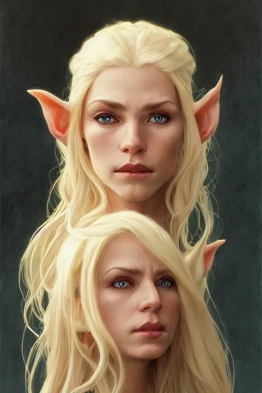 Image similar to portrait of an old blonde elven mage, dark, piercing eyes, gentle expression, elegant clothing, photorealistic, highly detailed, artstation, smooth, sharp focus, art by michael whelan, artgerm, greg rutkowski and alphonse mucha