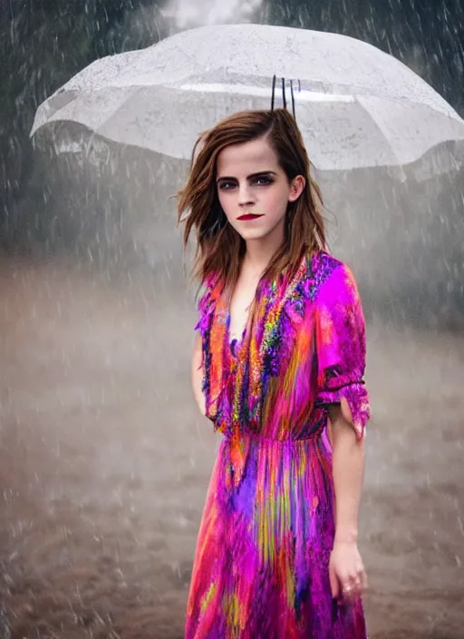 Image similar to Emma Watson for Victorian Secret, perfect face, hot summertime hippie in the rain, psychedelic dress, full length shot, XF IQ4, 150MP, 50mm, f/1.4, ISO 200, 1/160s, natural light, Adobe Photoshop, Adobe Lightroom, DxO Photolab, Corel PaintShop Pro, rule of thirds, symmetrical balance, depth layering, polarizing filter, Sense of Depth, AI enhanced