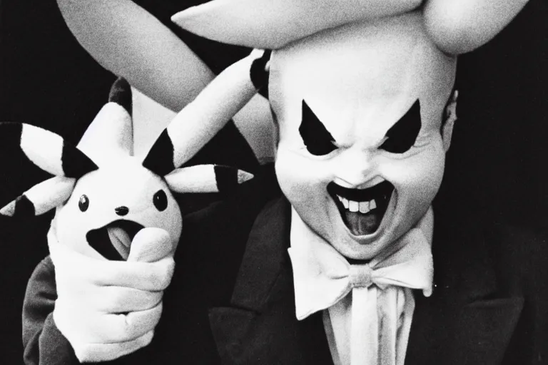 Image similar to Jack Nicholson dressed up in costume of Pikachu, scary, horror, still from the film by Stanley Kubrick