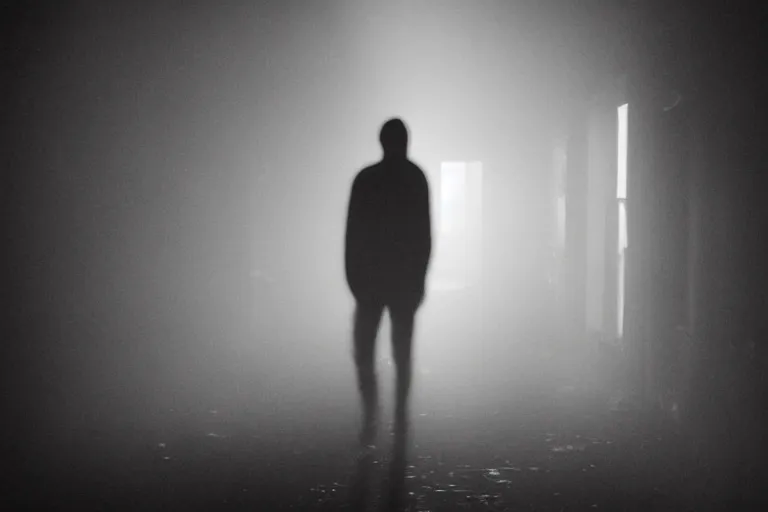 Prompt: a blurry, silhouetted figure stands alone in a creepy derelict corridor. broken windows light rays volumetric fog creepy at night. grainy footage