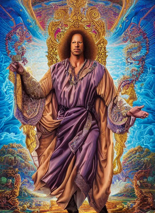 Image similar to beautiful oil painting, full length portrait of Dwayne the rock Johnson as Louis xiv in coronation robes 1701, Dan Mumford, Dan Mumford, Alex grey, highly detailed , dmt fractal patterns, hallucinogen, visionary art, psychedelic art, ornate, vaporwave