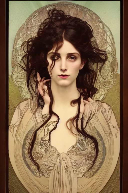 Image similar to an esoteric woman, blending into dust with a beautiful face!!! cinematic lightning, isolated, studio lighting by alphonse mucha and tom bagshaw