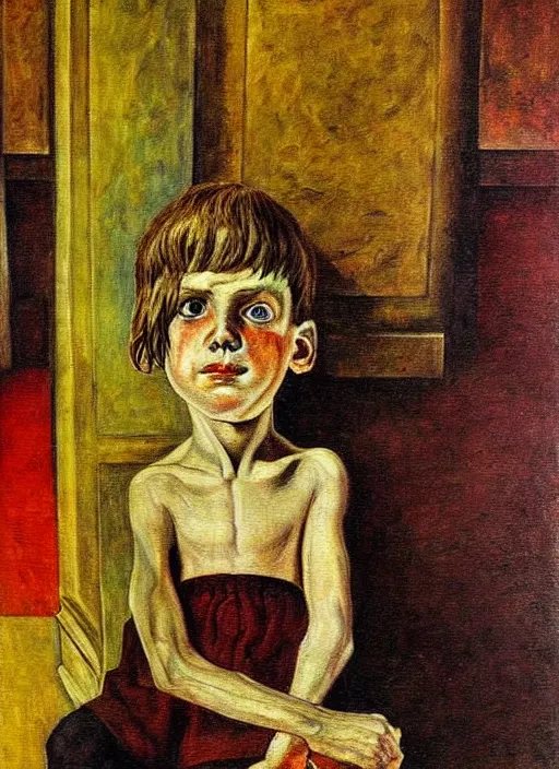 Image similar to detailed painting of a boy in a hall by otto dix, rich deep colors. masterpiece