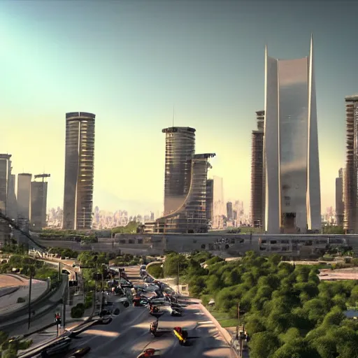 Image similar to Tehran in 2050, modern and beautiful, the most amazing city of the future, photorealistic, unreal engine, hyperdetails