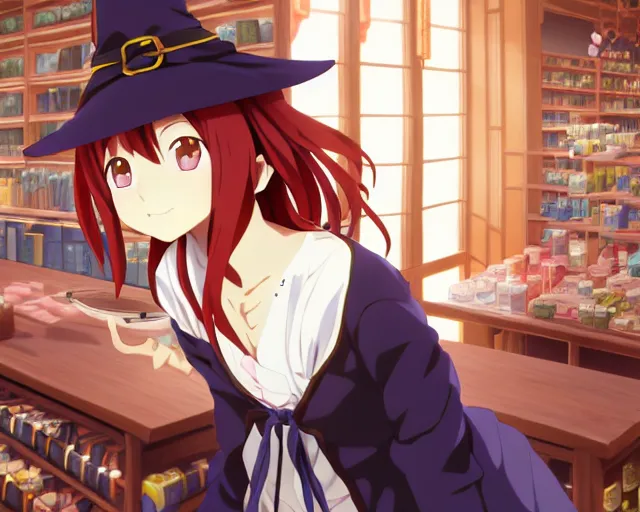 Image similar to anime visual, portrait of a young female traveler wearing a witch hat in a alchemist's potion shop interior, cute face by yoh yoshinari, katsura masakazu, cinematic luts, dynamic pose, dynamic perspective, strong silhouette, anime cels, ilya kuvshinov, crisp and sharp, rounded eyes, moody, cool colors