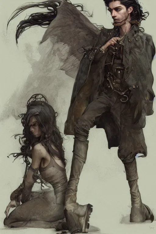 Image similar to skinny male fantasy alchemist, long dark hair, 1 9 2 0 s fashion, elegant, highly detailed, intricate, smooth, sharp focus, atmospheric lighting, artstation, digital paining, concept art, art by donato giancola, greg rutkowski, artgerm, cedric peyravernay, valentina remenar, craig mullins