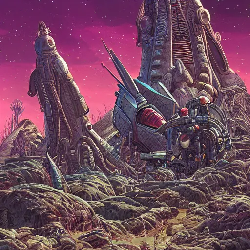 Prompt: rocket factory on ruined planet, alien mutant megafauna, moebius, mike mignogna, heavy metal magazine, highly detailed, rich colors, artgerm, trending on artstation