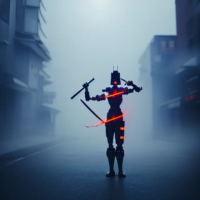 Image similar to robot woman fire dance holding katana, detailed bushido pose energy, shibuya prefecture, cinematic lighting, fog mist smoke, photorealistic, night photography by tomino - sama