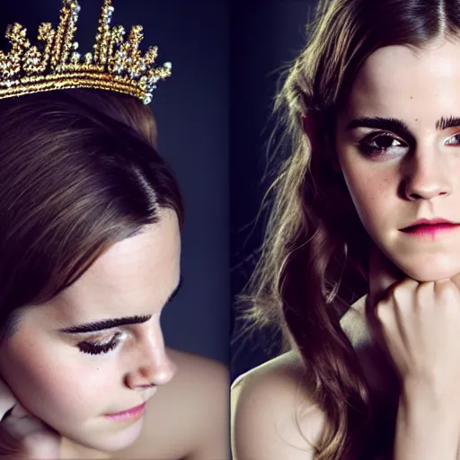 Image similar to emma watson with jewellary crown queen, sensual, beautiful soft light failling on her face, studio photography, nikon 3 5 mm portrait photography, ultra realistic