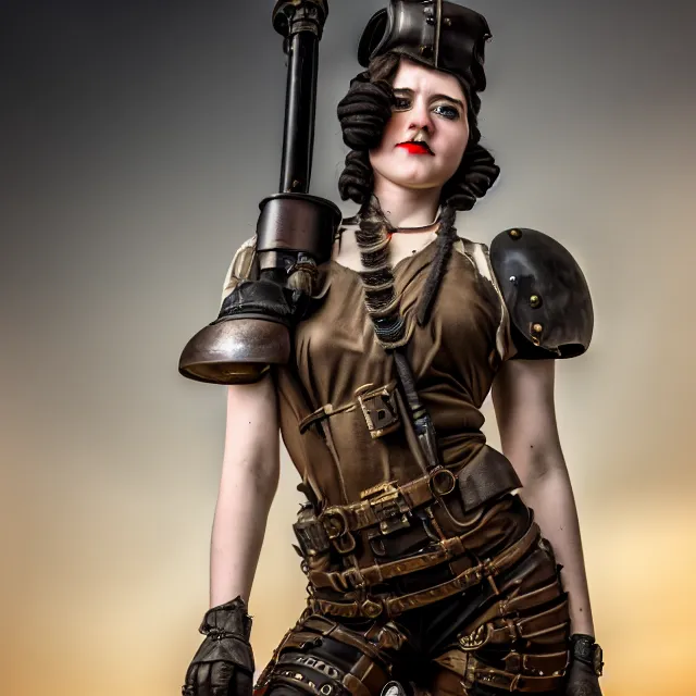 Image similar to full length photo of a very beautiful female dieselpunk warrior, 8 k, hdr, smooth, sharp focus, high resolution, award - winning photo