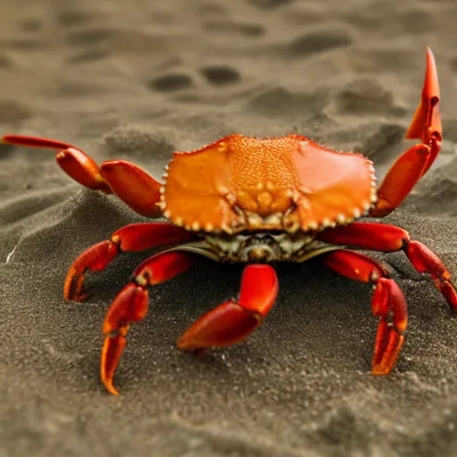 Image similar to a realistic image of a crab with hair, ultra high detail, the crab is on sand on a beach with ocean in the background, 8 k.