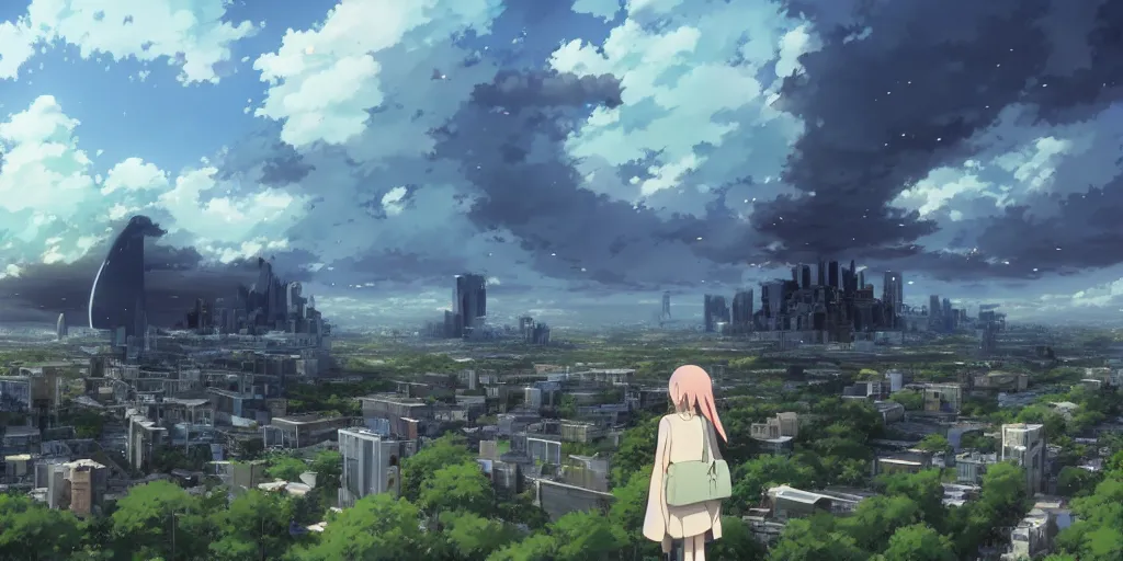 Image similar to realistic building, monster, wide landscape, eva, war, art by makoto shinkai