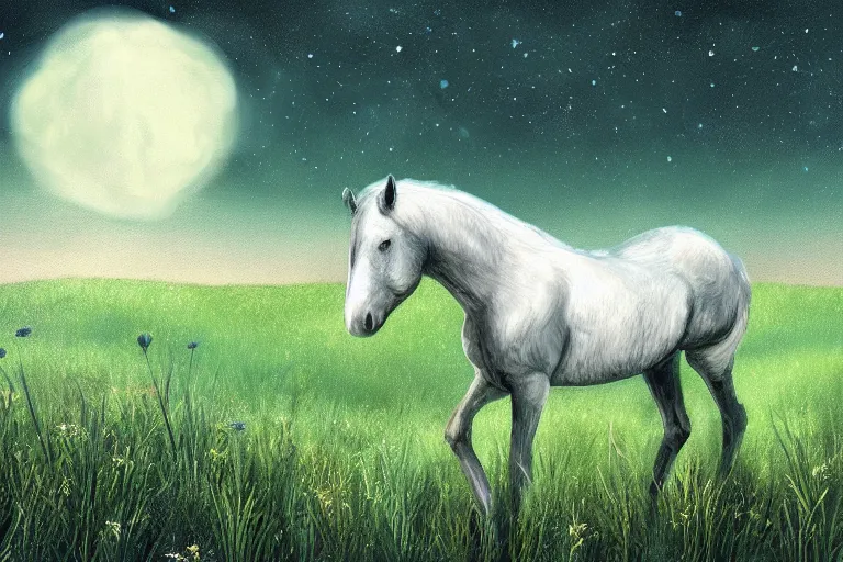 Prompt: a digital painting of a sad horse that's lost in a meadow, tall plants, white lighting, night sky, glows, moonlight,