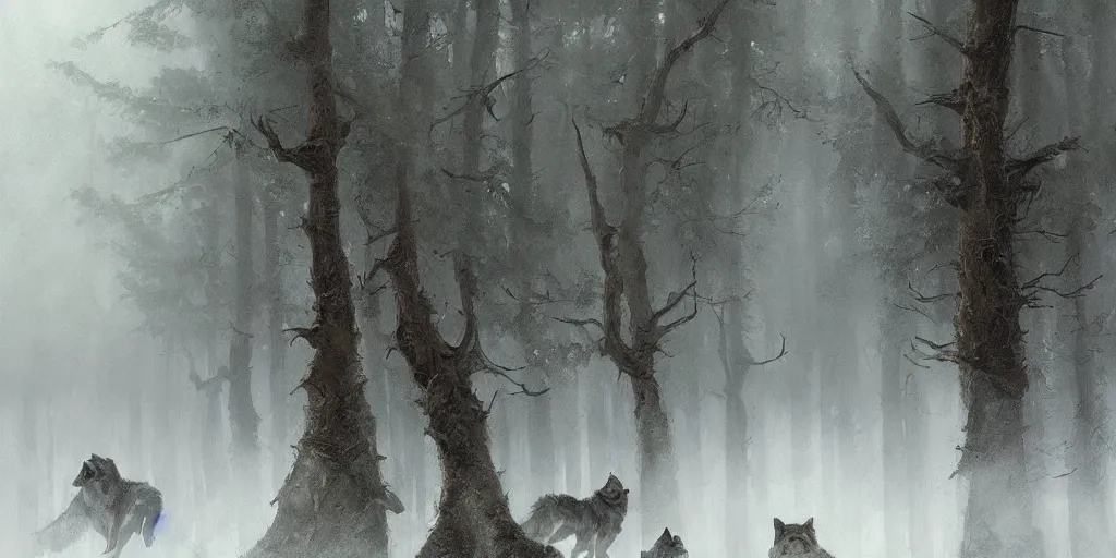 Image similar to a painting of a group of medieval villagers being attacked by wolves in a foggy dense forest by greg rutkowski, dark fantasy art, high detail, trending on artstation