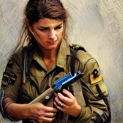 Image similar to a female israeli soldier pressing a staple gun to her head and looking depressed by thomas kincade realistic, high details